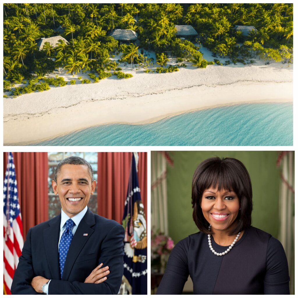 Official formal portraits of Barack and Michelle Obama above an aerial shot of The Brando resort, showing four villas and the pristine beach, related to Obama's find peace at The Brando Resort.