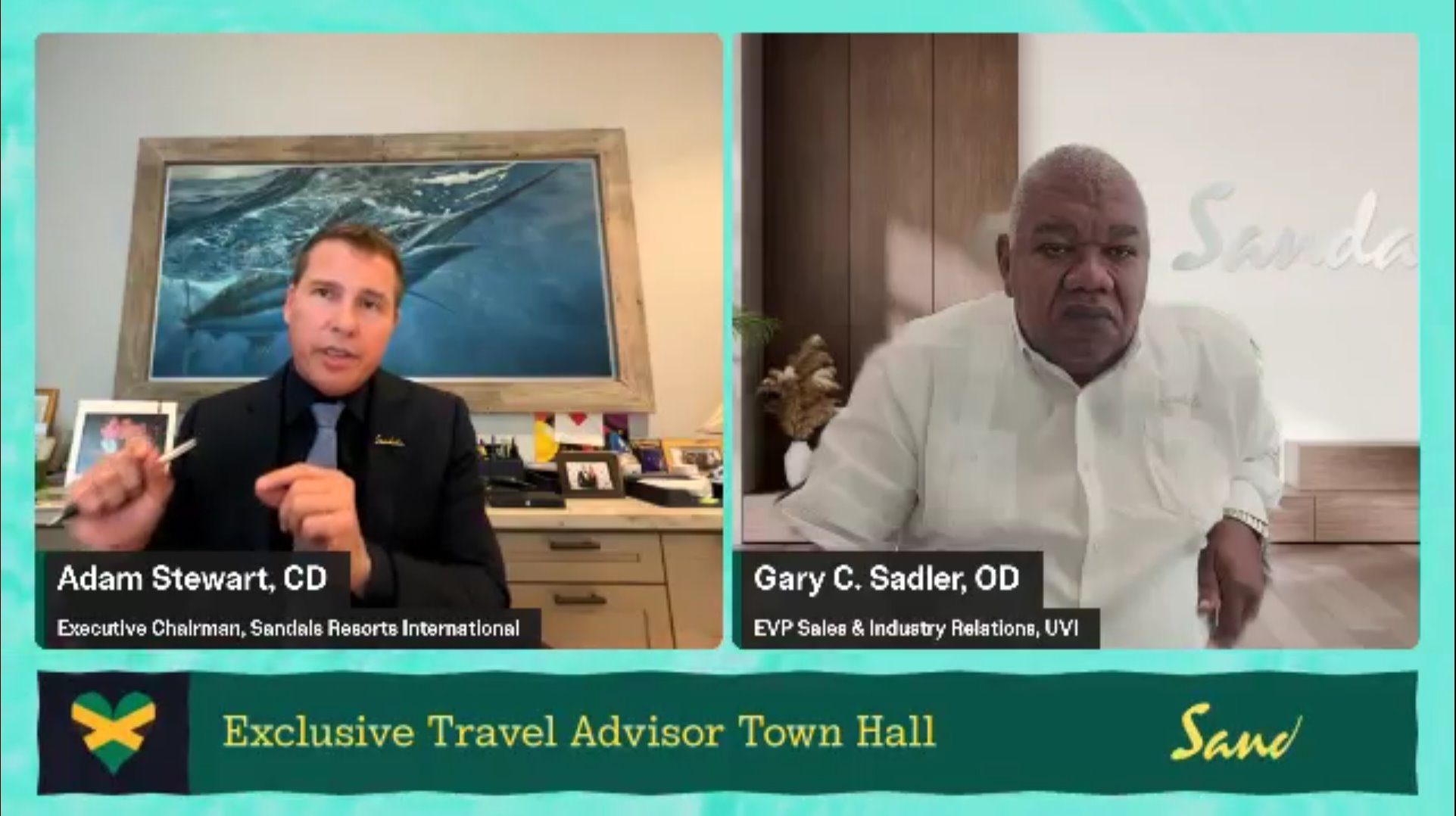 Adam_Stuart_Gary_Sadler_Jamaica_Update Webinar screenshot of Adam Stewart and Gary Sadler sharing Sandals Resorts Jamaica recovery update after Hurricane Melissa.